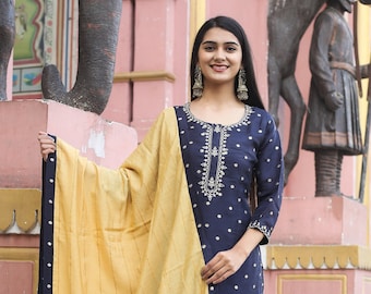 Floral Embroidered Silk Kurta Pant Dupatta set Golden Zari Polka Dot Designer Ethnic Wear Bollywood style | Free DHL Express