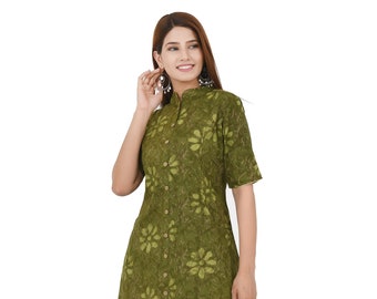 Jacquard Hand block-printed Cotton kurta | Placement Aline | Green Kurti |Free DHL Express