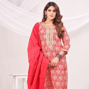 Gota Patti Kurti set| Punjabi Red Salwar Kameez |Zardozi Work Neck Banarsi Silk Dupatta Wedding Dress | Kurti pant set