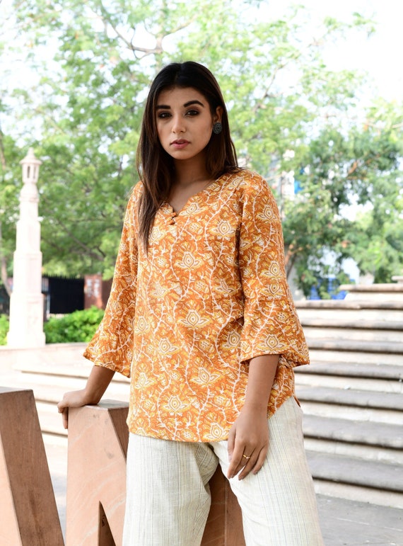 India Short Kurta Top Set Trousers Top Tunic Set Mustard Printed