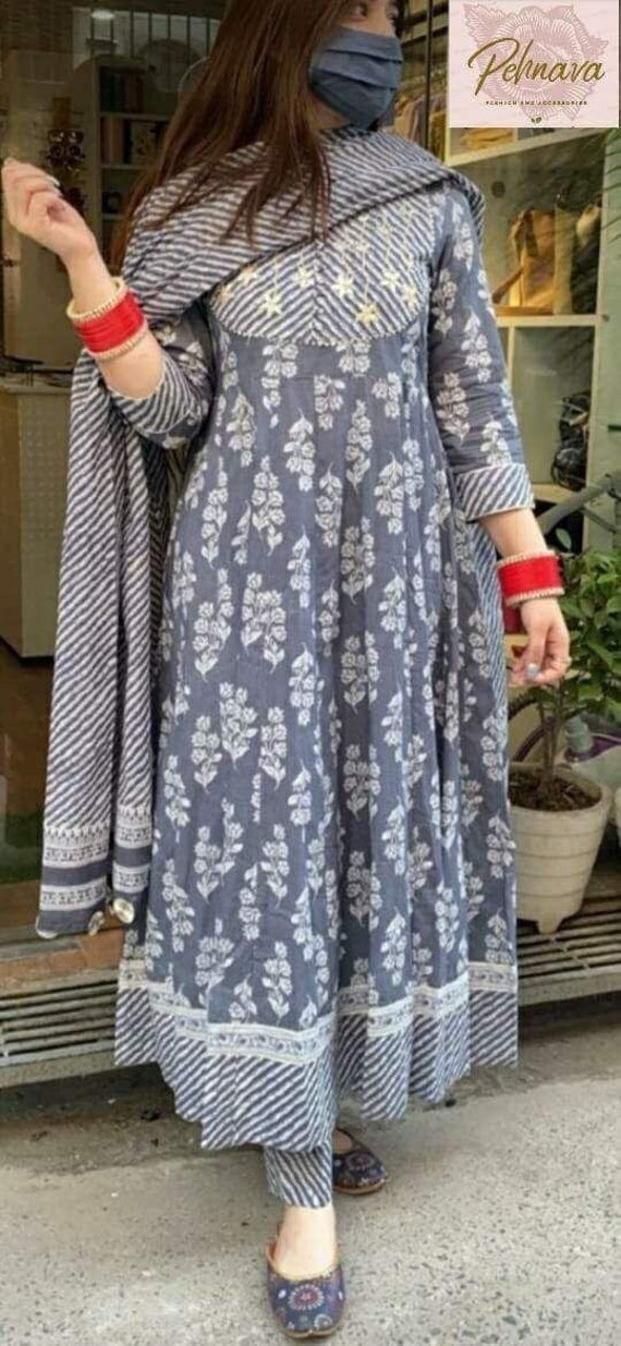Grey Pakistani Anarkali Kurta Set Block Printed Kurti Palazzo Set