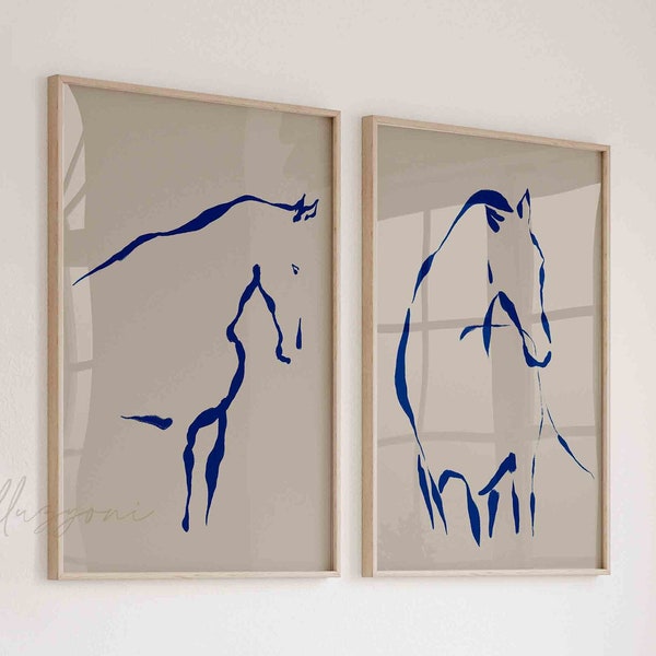 Conjunto abstracto de 2 dibujos de caballos, arte de pared imprimible, arte de pared boho home, boceto minimalista de una línea azul, decoración modernista de la sala de estar, boho