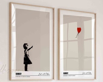 Girl With Balloon Graffiti Poster, Set of 2 Prints, Printable Wall Art, Street Wall Art, Museum Exhibition Print, Abstract Living Room Decor