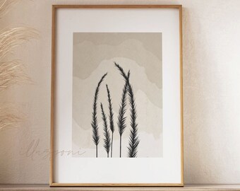 May include: A framed print with a minimalist design featuring black silhouettes of tall grasses on a beige background. The print is displayed on a shelf with a woven basket, two white ceramic vases, and a small brown ceramic pot.