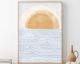 Abstract Landscape, Printable Wall Art, Ocean Waves Print, Boho Beach Print, Beach House Decor, Abstract Sun Art Print, Instant Download Art