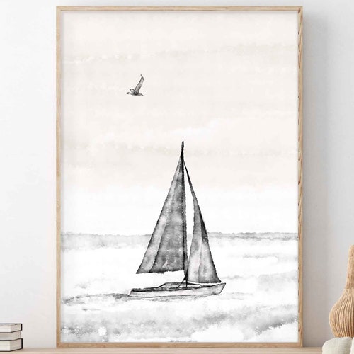 Sailboat Print Printable Wall Art Black and White Nautical Etsy