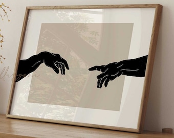The Creation Of Adam Hands, Printable Wall Art, Michelangelo Wall Art, Horizontal Hand Silhouette, Mythology, Boho Home Decor, Minimal Print
