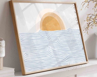 Horizontal Boho Landscape Drawing, Printable Wall Art, Blue Ocean, Abstract Waves, Boho Sun Art, Sunburst, Nursery Poster, Living Room Decor