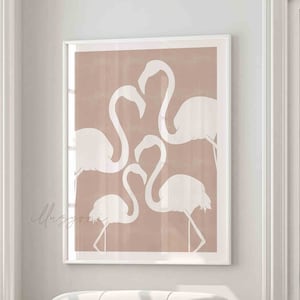 Pink Flamingo Painting, Boho Home Decor Printable Wall Art, Bohemian Print, Animal Wall Art, Abstract Modern Drawing, Minimalist Living Room