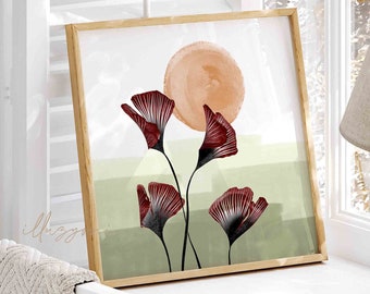 Arte da parete botanica, Arte da parete stampabile, Decorazione per la casa Boho, Disegno del sole, Sunburst minimalista, Pianta a foglia astratta, Mercato dei fiori, Poster moderno