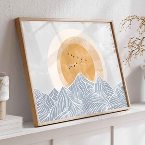 Horizontale Sonne, Boho Wohndekor, Fliegende Vögel Druck, Orange Sunburst, druckbare Wandkunst, Blauer Himmel, Kinderzimmer Druck, Berg Poster