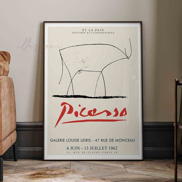 Picasso Bull Drawing, Printable Wall Art, Pablo Picasso Print, Minimal, One Line Print, Museum Wall Art, Picasso Cutouts, Exhibition Poster