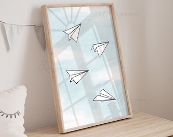 Paper Plane Print, Printable Wall Art, Airplane Wall Art, Nursery Print, Scandinavian Art, Minimalist Plane, Playroom Decor, Playful Artwork