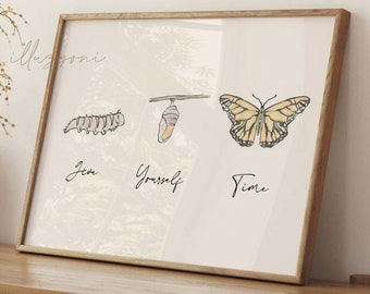 Give Yourself Time, Caterpillar to Butterfly, Boho Wall Art, Printable Wall Art, Horizontal Art, Living Room Decor, Minimalist Metamorphosis