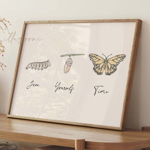 Give Yourself Time, Caterpillar to Butterfly, Boho Wall Art, Printable Wall Art, Horizontal Art, Living Room Decor, Minimalist Metamorphosis