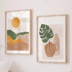 Boho Landscape Set of 2 Prints, Botanical Leaf Drawing, Printable Wall Art, Modern, Minimalist Poster, Terracotta Poster, Mountain, Boho Sun