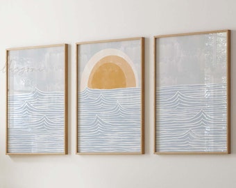 Boho Set of 3 Prints, Landscape Poster, Nursery Room Decor, Printable Wall Art, Minimalist Blue Ocean, Abstract Waves Poster, Boho Sun Print