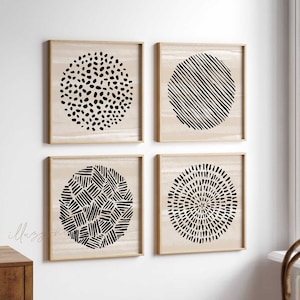 Conjunto Boho de 4 estampas, tons de terra neutros, pôster para impressão, meados do século, desenho doméstico Boho, arte digital geométrica, pintura circular abstrata