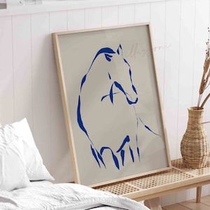 Abstract Horse Drawing, Printable Wall Art, Boho Home Decor, Minimal Blue One Line Sketch, Modernist, Living Room Decor, Neutral Earth Tones