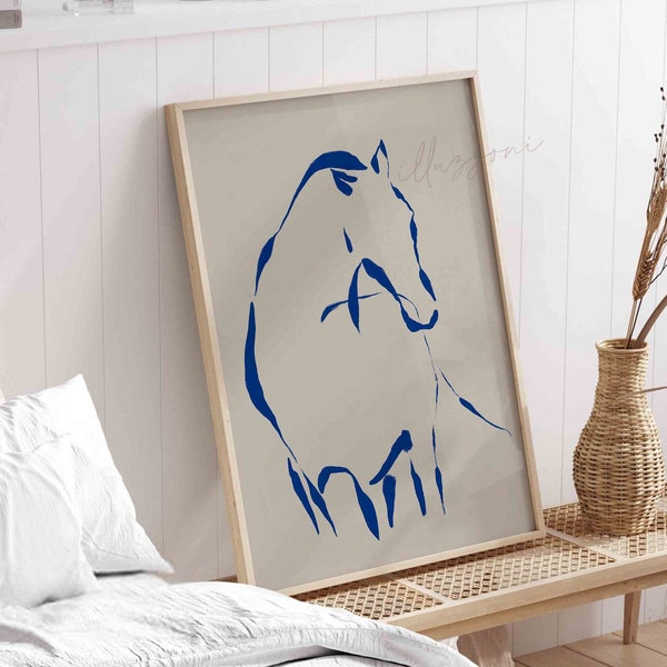 Abstract Horse Drawing, Printable Wall Art, Boho Home Decor, Minimal Blue One Line Sketch, Modernist, Living Room Decor, Neutral Earth Tones