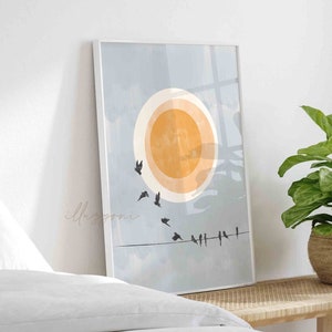 Decoración del hogar boho, cartel de pájaros voladores, arte de pared imprimible, pared de galería moderna, impresión abstracta del sol, minimalista, impresión del sol, impresión de la sala de la guardería