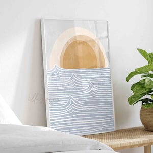 Landschaft Poster, druckbare Wandkunst, Meereswellen Poster, Boho Druck, Strand Haus Dekor, abstrakte Sonne Kunst, Kinderzimmer Druck, blaues Meer