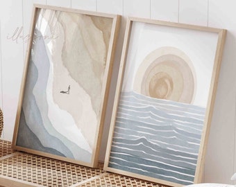 Abstract Boho Set of 2 Prints, Printable Wall Art, Modern, Living Room Decor, Nursery Poster, Human Silhouette, Beach, Sun, Blue Ocean Waves