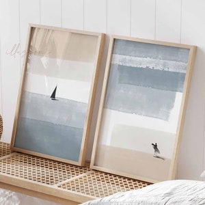 Boho 2er-Set Prints, Surfbrett Wandkunst, Wohnzimmer Dekor, Abstraktes Surf Poster, Blaue Wellen Poster, One Line Ocean Sketch, Boho Wohndekor