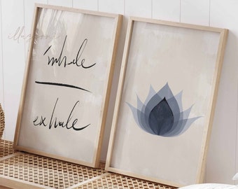 Abstrakter Yoga-Satz von 2 Drucken, Inhale Exhale Poster, druckbare Wandkunst, Wohnzimmerdekor, Inhale Exhale Zeichenkunst, motivierender Lotus-Druck