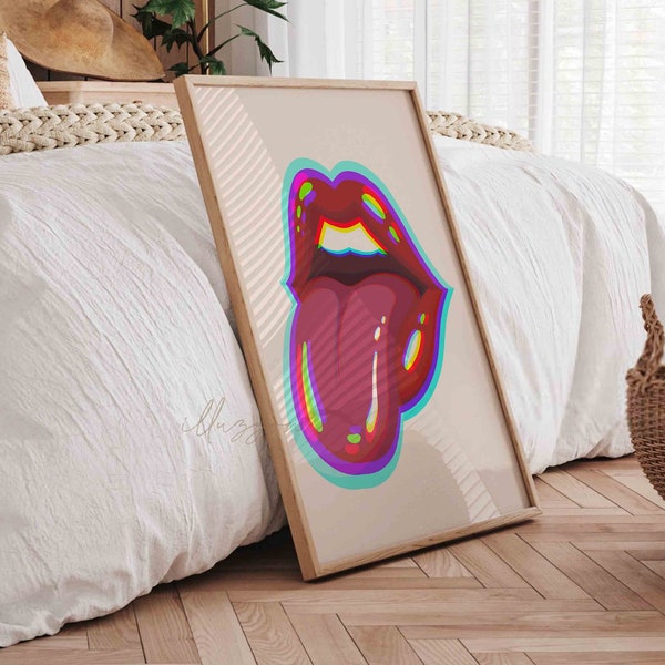 Abstract Lips Wall Art, Red Lips, Fashion Poster, Makeup Print, Printable Wall Art, Boho Home Decor, Psychedelic Print, Aura Poster, Pop Art