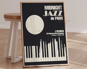 Midnight Jazz Music Poster, Printable Wall Art, Vintage Art, Retro Concert Drawing, Abstract Piano Sketch, Minimal City Silhouette, Boho Art