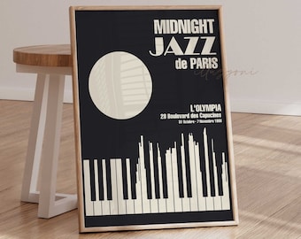 Midnight Jazz Music Poster, Afdrukbare Wall Art, Vintage Art, Retro Concert Tekening, Abstracte Piano Sketch, Minimal City Silhouette, Boho Art
