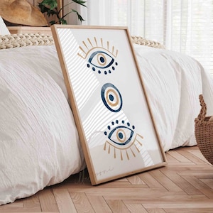 Evil Eye Zeichnung, traditionelle blaue Auge, druckbare Wandkunst, Mid Century, modern, Kinderzimmer, Boho Wohndekor, minimalistische Malerei
