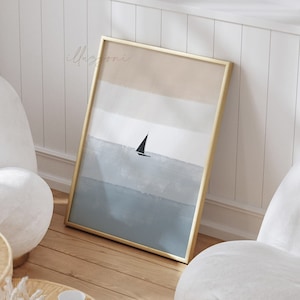 Abstract Landscape Painting, Printable Wall Art, Sailboat Sketch, Ocean Waves, Boho Home Decor, Beach Print, Living Room Poster, Earth Tones