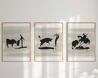 Picasso tjurfäktning set med 3 tryck, utskrivbar väggkonst, modern, abstrakt teckning, barnrumsinredning, utställningsaffisch, vardagsrumsmålning