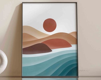 Paysage abstrait, art mural imprimable, impression de vagues de l'océan, impression de plage bohème, décoration de maison de plage, impression abstraite, affiche soleil, téléchargement immédiat