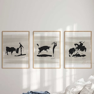 Picasso Bullfight Set of 3 Prints, Printable Wall Art, Modern, Abstract Drawing, Nursery Room Decor, Exhibition Poster, Living Room Painting