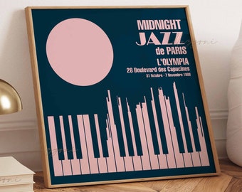 Midnight Jazz Music Poster, Printable Wall Art, Vintage Jazz Print, Retro Concert Print, Piano Wall Art, Abstract Wall Art, Pink Moon Poster