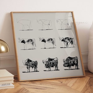 Bull Evolution Poster, Printable Wall Art, Museum Exhibition Poster, Bulls, One Line Sketch, Living Room Decor, Nursery Room Print, Bohemian