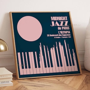Midnight Jazz Music Poster, Printable Wall Art, Vintage Jazz Print, Retro Concert Print, Piano Wall Art, Abstract Wall Art, Pink Moon Poster