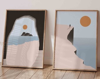 Abstract Landscape Set of 2 Prints, Printable Wall Art, Ocean Wall Art, Boho Home Decor, Nursery Room Print, Abstract Sun Print, Beach Print
