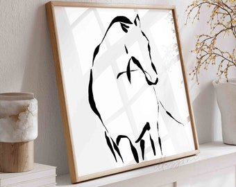 May include: Black and white line art print of a horse in a wooden frame. The print is on a white background and the horse is facing to the left.