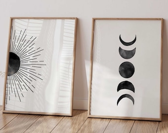 Abstract Sun and Moon Phases, Boho Wall Art, Mid Century, Modern, Set of 2 Prints, Geometric Sunburst, Printable Wall Art, Living Room Decor