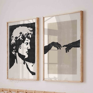 The Creation Of Adam Set of 2 Prints, David of Michelangelo, Printable Wall Art, Hands Silhouette Print, Boho Home Decor, Nursery Room Print