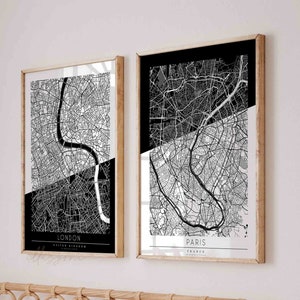 Stadsplattegrond set van 2, stadsplattegrond van Londen, stadsplattegrond van Parijs, afdrukbare muurkunst, minimalistische kaart, tentoonstellingsprint, woonkamerdecor, moderne kunst aan de muur