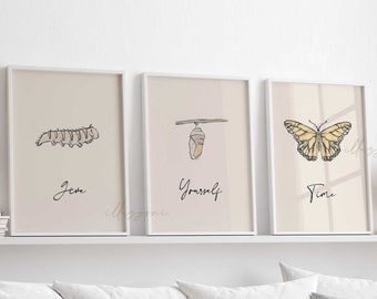 Give Yourself Time, Caterpillar to Butterfly, Boho Wall Art, Printable Wall Art, Boho Butterfly, Living Room Decor, Minimalist Metamorphosis
