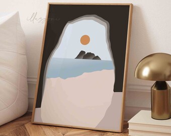 Paysage abstrait, art mural imprimable, art mural océan, décoration d'intérieur bohème, impression de chambre de bébé, impression soleil abstrait, impression plage, impression rayon de soleil