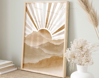 Boho Wall Art, Printable Wall Art, Mid Century, Mountain Poster, Landscape Print, Living Room Decor, Nursery Room Sun Poster, Bohemian Print
