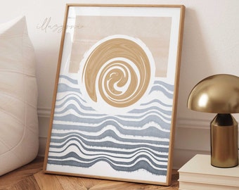 Paysage abstrait, art mural imprimable, impression vagues de l'océan, impression plage bohème, décoration maison de plage, impression soleil abstrait minimaliste, art mural bohème