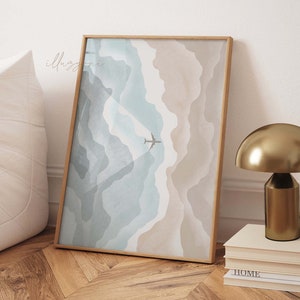Boho Wandkunst, Flugzeug Wandkunst, abstrakte Landschaft Poster, blauer Himmel, druckbare Wandkunst, abstrakte Wellen, Strand Wandkunst, minimalistisch, Boho